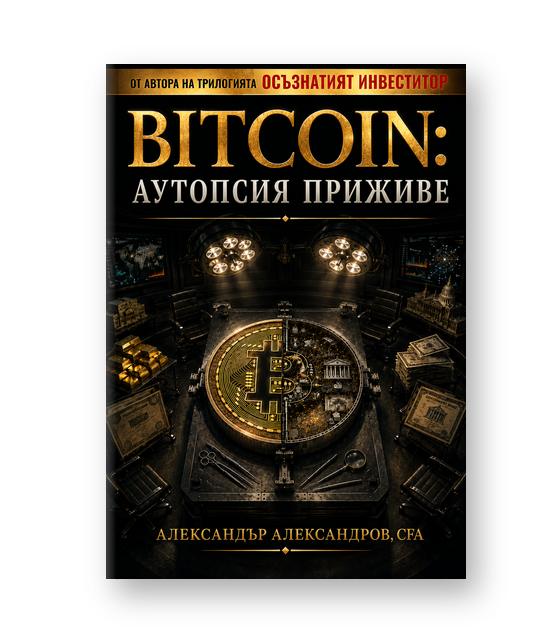 Корица на книгата „BITCOIN: Аутопсия приживе“ – Александър Александров