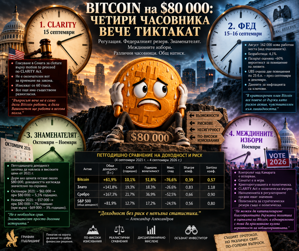 Bitcoin на $80 000: четири часовника вече тиктакат – инфографика (CLARITY, Фед, знаменателят, междинните избори)