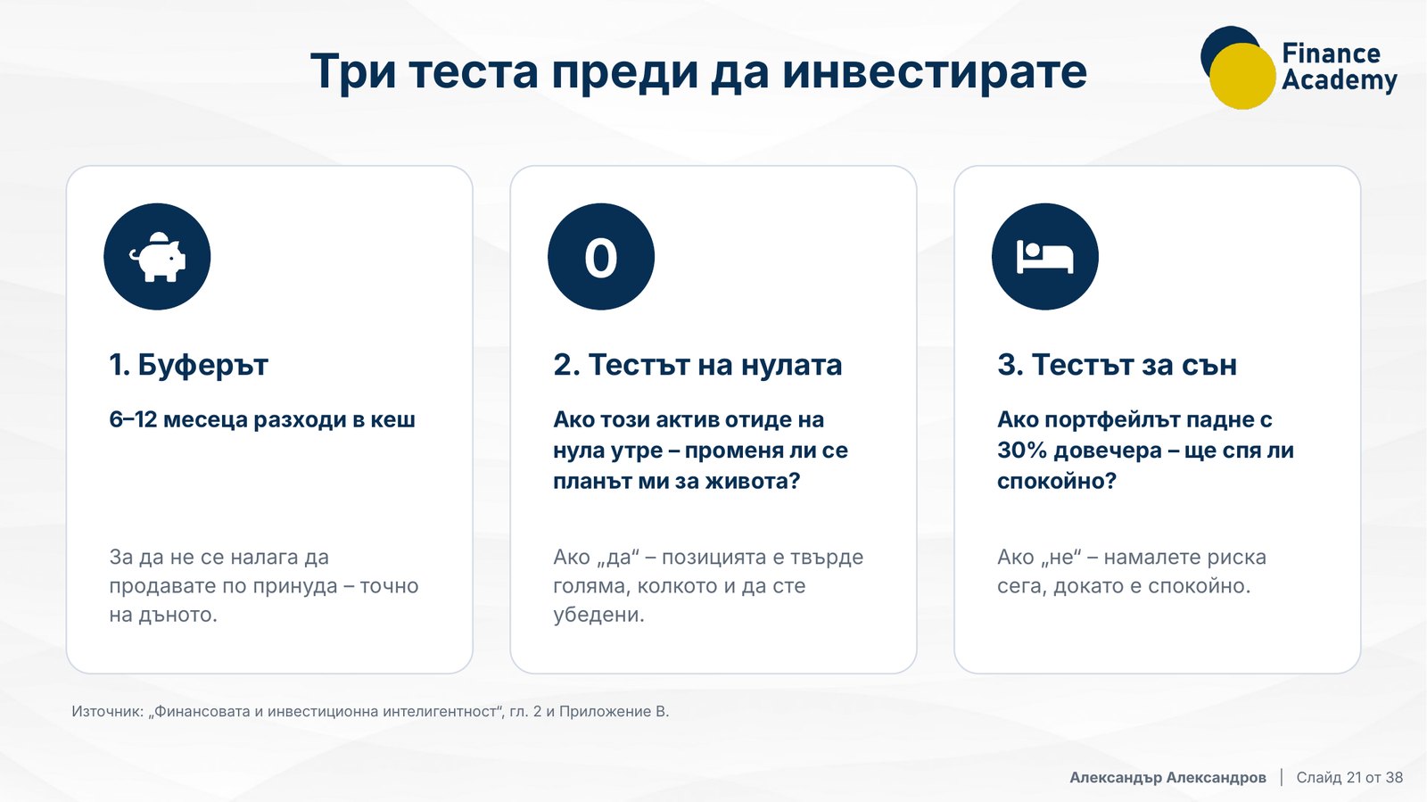 Слайд „Три теста преди да инвестирате“: 1. Буферът – 6–12 месеца разходи в кеш; 2. Тестът на нулата; 3. Тестът за сън